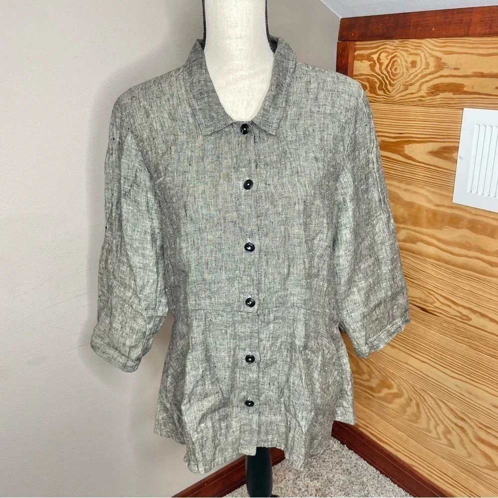 Flax Grey 100% Linen Collared Button Up Shirt Top Blouse Small